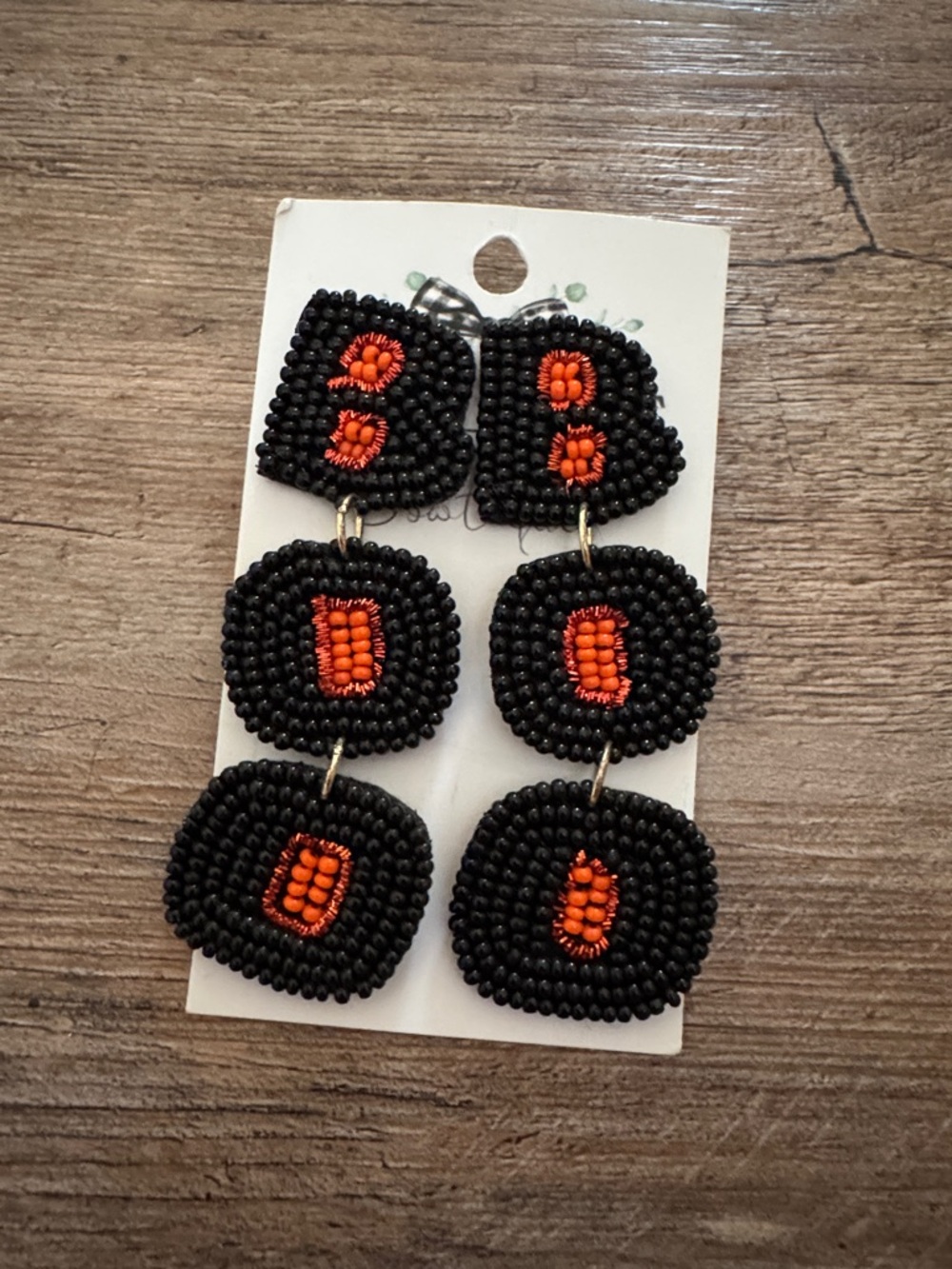 Handmade Black and Orange Beaded Drop Earrings Halloween